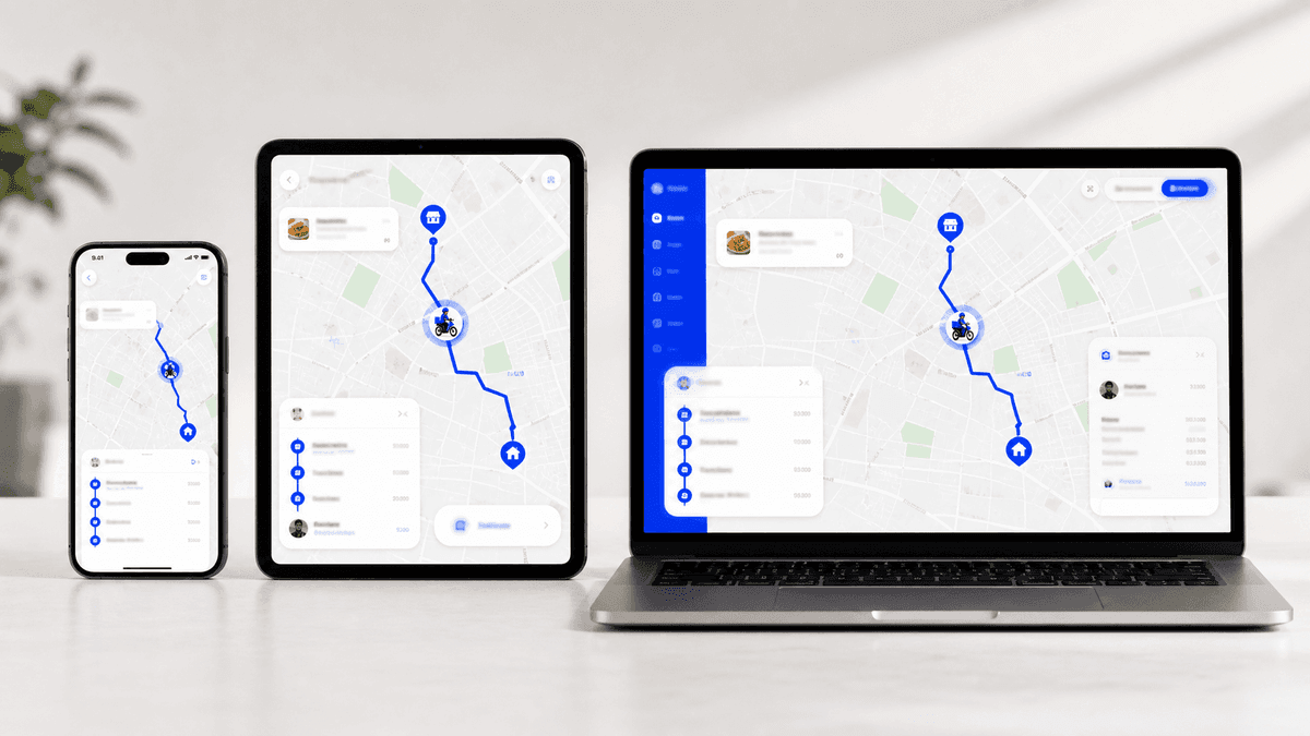 Seguimiento en vivo del pedido en el mapa desde el celular del cliente, la tablet del negocio y la laptop
